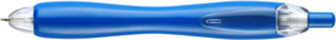 Boligrafo retractil plastico, con cuerpo ondulante color azul, y detalles translucidos.